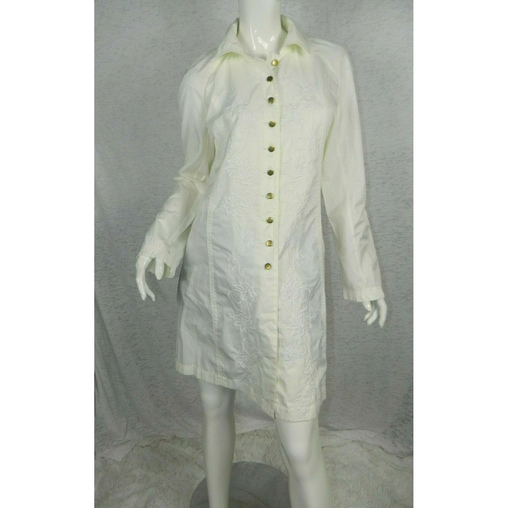 Poleci Coat Trench Size 6 Ivory White Embroidered Lightweight Cotton Blend